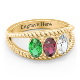 Oval Birthstone Ring with Twisted Rope Band in 10K Solid Yellow Gold with Emerald, Ruby, Cubic Zirconia, Aquamarine, and Amethyst