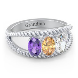 Oval Birthstone Ring with Twisted Rope Band in 925 Sterling Silver with Amethyst, Citrine, Cubic Zirconia, and Aquamarine