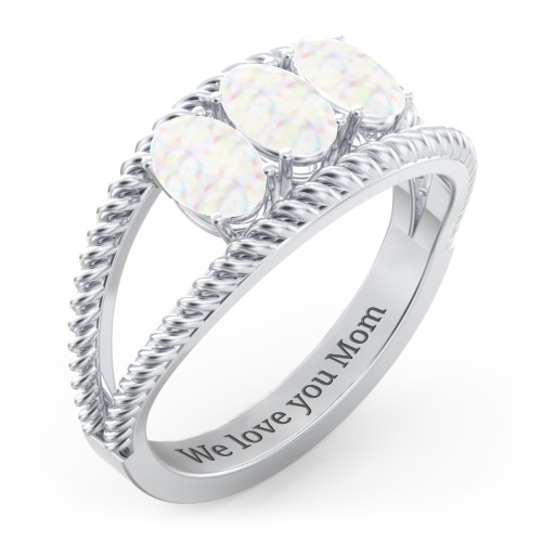 Oval Birthstone Ring with Twisted Rope Band – Sterling Silver with Opal