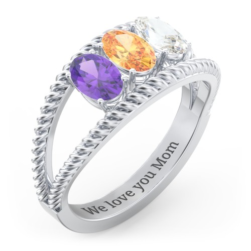 Oval Birthstone Ring with Twisted Rope Band – Sterling Silver with Amethyst, Citrine, and Cubic Zirconia