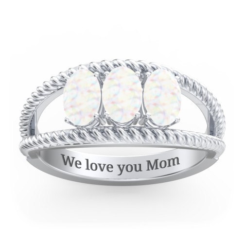 Oval Birthstone Ring with Twisted Rope Band – Sterling Silver with Opal