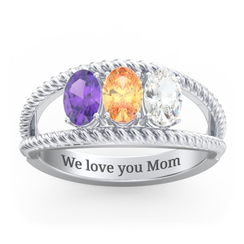 Oval Birthstone Ring with Twisted Rope Band – Sterling Silver with Amethyst, Citrine, and Cubic Zirconia