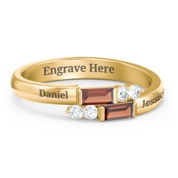 Engravable Baguette Gemstone Ring with Accents in 18K Gold Plated Silver with Garnet and White Premium Zirconia