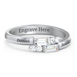 Engravable Baguette Gemstone Ring with Accents in 925 Sterling Silver with White Sapphire and White Premium Zirconia