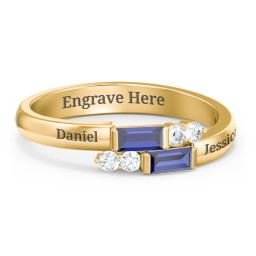 Engravable Baguette Gemstone Ring with Accents in 18K Gold Plated Silver with Blue Sapphire and White Premium Zirconia
