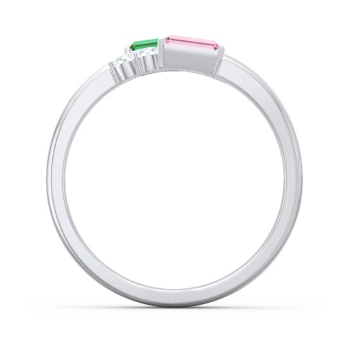 Engravable Baguette Gemstone Ring with Accents – 10K White Gold with Emerald, Pink Tourmaline, and White Premium Zirconia
