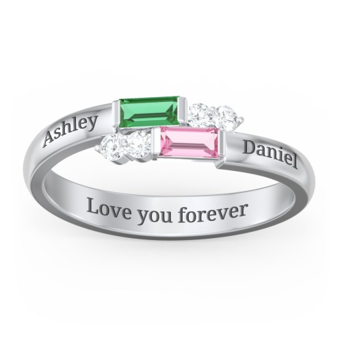 Engravable Baguette Gemstone Ring with Accents – 10K White Gold with Emerald, Pink Tourmaline, and White Premium Zirconia