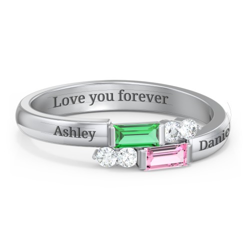 Engravable Baguette Gemstone Ring with Accents – 10K White Gold with Emerald, Pink Tourmaline, and White Premium Zirconia