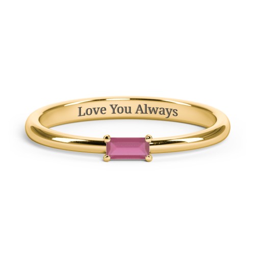 Engravable Baguette Ring with East-West Setting – 10K Yellow Gold with Ruby