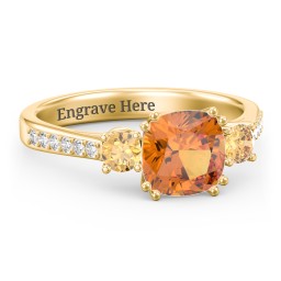 3 Stone Cushion Cut Duchess Ring with Accents in 18K Gold Plated Silver with Citrine and White Premium Zirconia