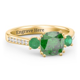 3 Stone Cushion Cut Duchess Ring with Accents in 18K Gold Plated Silver with Green Premium Zirconia, Emerald, and White Premium Zirconia