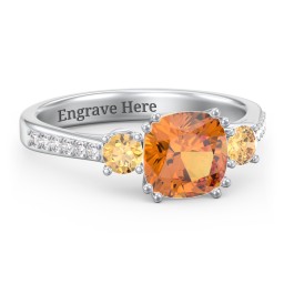 3 Stone Cushion Cut Duchess Ring with Accents in 925 Sterling Silver with Citrine and White Premium Zirconia