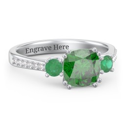 3 Stone Cushion Cut Duchess Ring with Accents in 925 Sterling Silver with Green Premium Zirconia, Emerald, and White Premium Zirconia