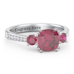 3 Stone Cushion Cut Duchess Ring with Accents in 925 Sterling Silver with Red Premium Zirconia, Ruby, and White Premium Zirconia