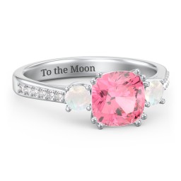 3 Stone Cushion Cut Duchess Ring with Accents in 925 Sterling Silver with Pink Tourmaline, Opal, and White Premium Zirconia
