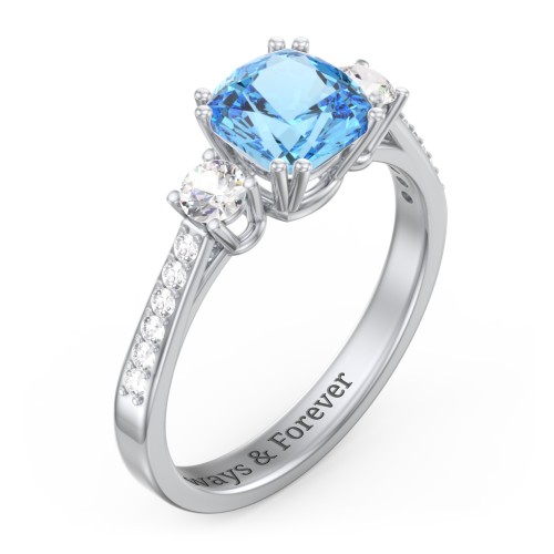3 Stone Cushion Cut Duchess Ring with Accents – Sterling Silver with Blue Topaz, Cubic Zirconia, and White Premium Zirconia
