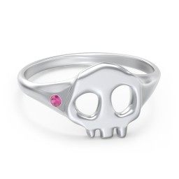 Women's Skull Signet Ring with Accent Stone in 925 Sterling Silver with Ruby