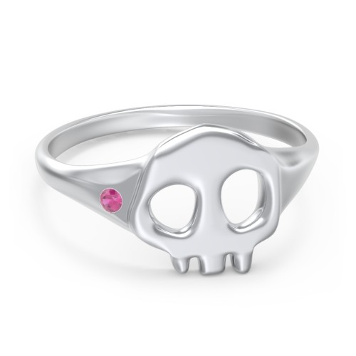 Women's Skull Signet Ring with Accent Stone – Sterling Silver with Ruby