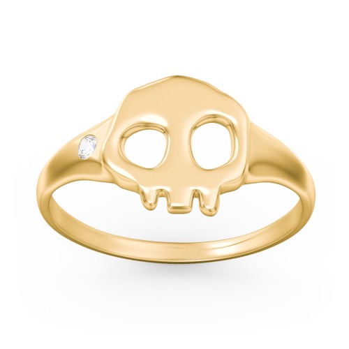 Women's Skull Signet Ring with Accent Stone – 10K Yellow Gold with Cubic Zirconia