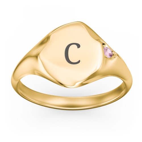 Women's Abstract Signet Ring with Accent Stone – 18K Gold Plated Silver with Pink Tourmaline
