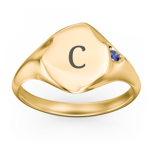 Women's Abstract Signet Ring with Accent Stone – 18K Gold Plated Silver with Blue Sapphire