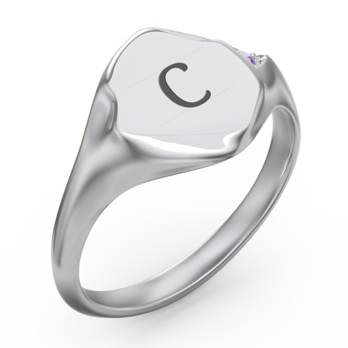 Women's Abstract Signet Ring with Accent Stone – 10K White Gold with Amethyst