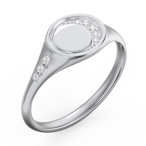 Engravable Crescent Moon and Stars Signet Ring with Accents – Sterling Silver with White Premium Zirconia