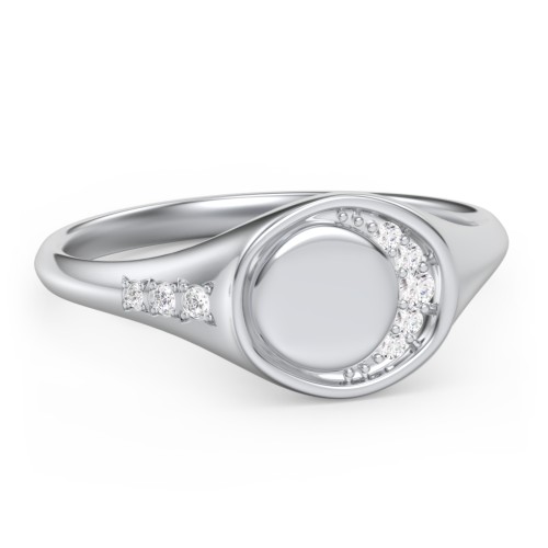 Engravable Crescent Moon and Stars Signet Ring with Accents – Sterling Silver with White Premium Zirconia