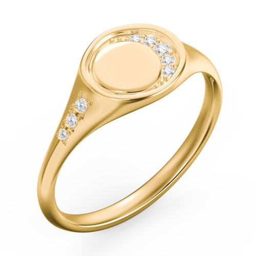 Engravable Crescent Moon and Stars Signet Ring with Accents – 10K Yellow Gold with White Premium Zirconia