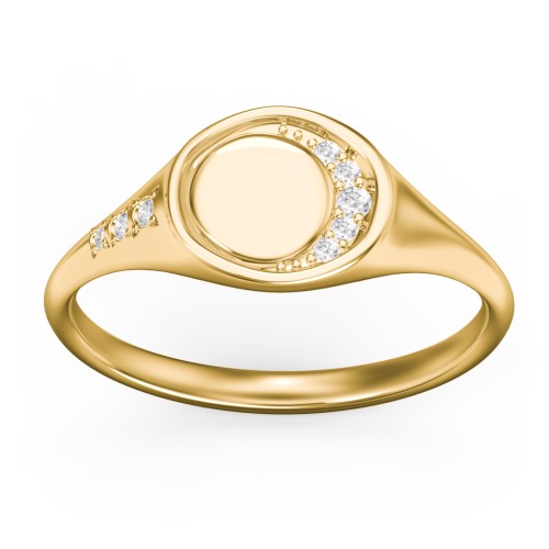 Engravable Crescent Moon and Stars Signet Ring with Accents – 10K Yellow Gold with White Premium Zirconia
