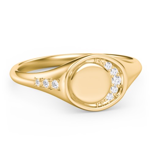 Engravable Crescent Moon and Stars Signet Ring with Accents – 10K Yellow Gold with White Premium Zirconia