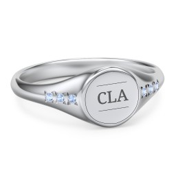 Women's Small Round Signet Ring with Accent Stones in 925 Sterling Silver with Fancy Blue Premium Zirconia