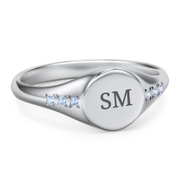 Women's Small Round Signet Ring with Accent Stones in 925 Sterling Silver with Fancy Blue Premium Zirconia