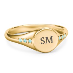 Women's Small Round Signet Ring with Accent Stones in 10K Solid Yellow Gold with Mint Premium Zirconia