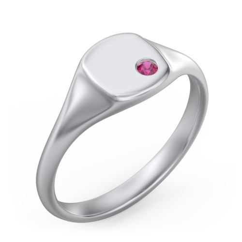 Women's Small Square Signet Ring with Accent Stone – Sterling Silver with Ruby