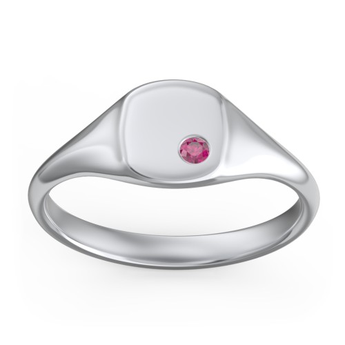 Women's Small Square Signet Ring with Accent Stone – Sterling Silver with Ruby