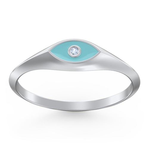 Women's Evil Eye Signet Ring with Accent Stone – Sterling Silver with Fancy Blue Premium Zirconia