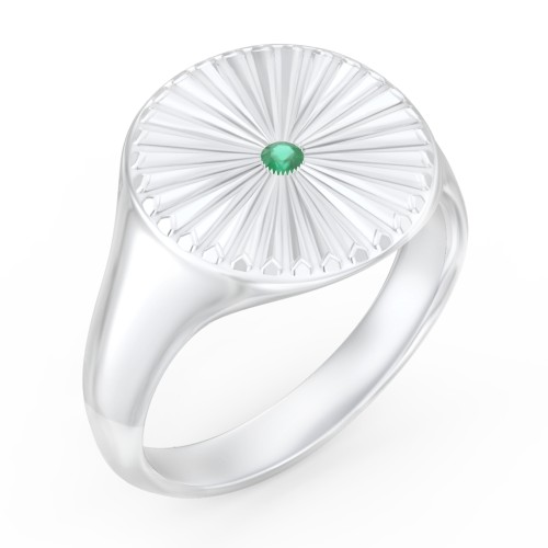 Women’s Sunburst Signet Ring with Birthstone – Sterling Silver with Emerald