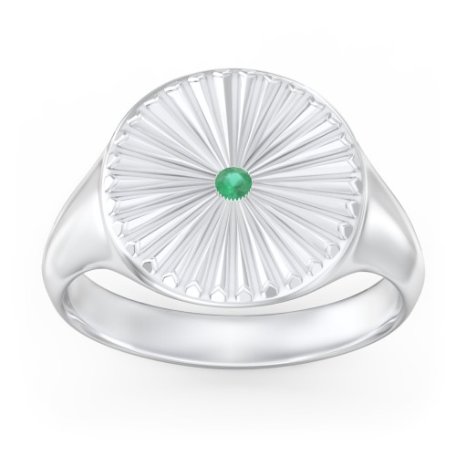 Women’s Sunburst Signet Ring with Birthstone – Sterling Silver with Emerald