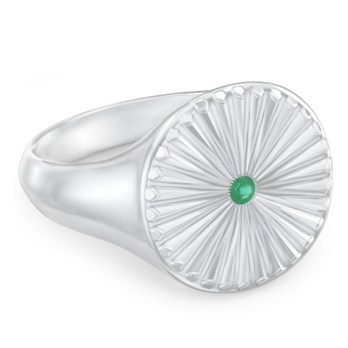 Women’s Sunburst Signet Ring with Birthstone – Sterling Silver with Emerald
