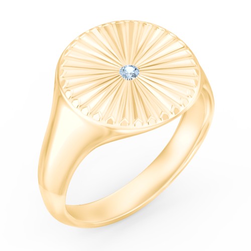 Women’s Sunburst Signet Ring with Birthstone – 10K Yellow Gold with Blue Topaz
