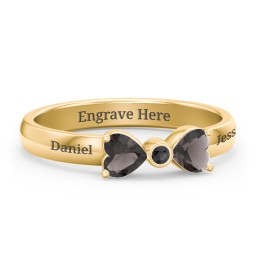 Birthstone Bow Ring with Bezeled Accent in 18K Gold Plated Silver with Smokey Quartz and Black Premium Zirconia