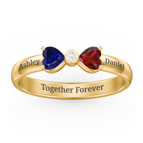 Birthstone Bow Ring with Bezeled Accent – 18K Gold Plated Silver with Blue Sapphire, Garnet, and White Premium Zirconia
