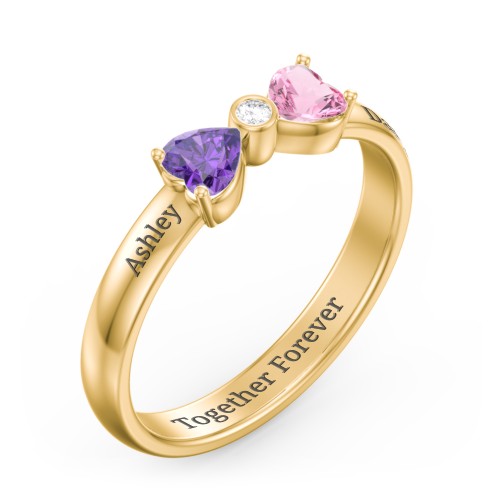 Birthstone Bow Ring with Bezeled Accent – 10K Yellow Gold with Amethyst, Pink Tourmaline, and White Premium Zirconia