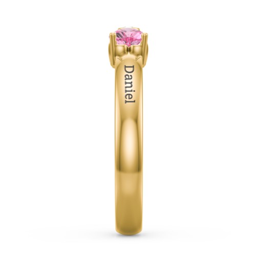 Birthstone Bow Ring with Bezeled Accent – 10K Yellow Gold with Amethyst, Pink Tourmaline, and White Premium Zirconia