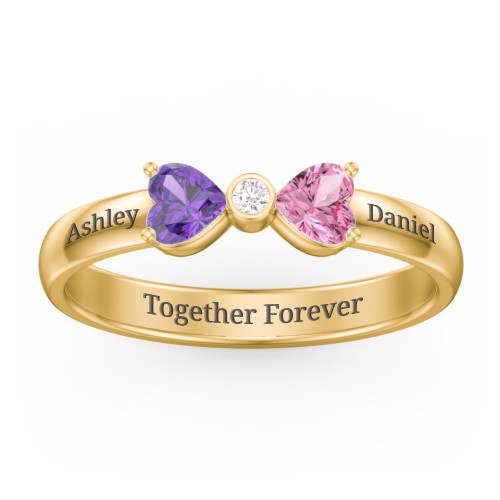 Birthstone Bow Ring with Bezeled Accent – 10K Yellow Gold with Amethyst, Pink Tourmaline, and White Premium Zirconia