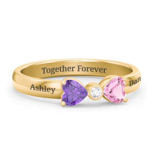 Birthstone Bow Ring with Bezeled Accent – 10K Yellow Gold with Amethyst, Pink Tourmaline, and White Premium Zirconia