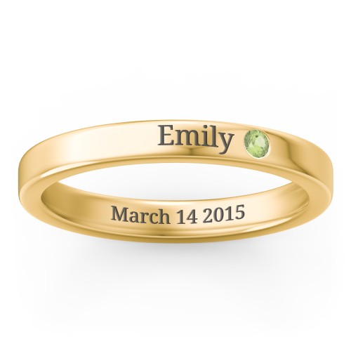 Stackable Birthstone Ring with Engraving – 18K Gold Plated Silver with Peridot