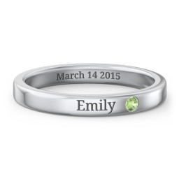 Stackable Birthstone Ring with Engraving in 925 Sterling Silver with Green Sapphire