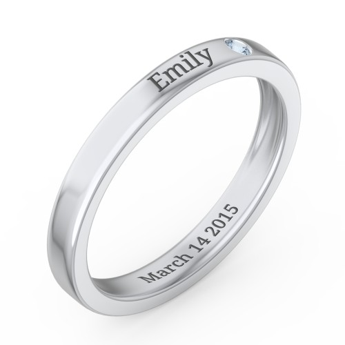 Stackable Birthstone Ring with Engraving – Sterling Silver with Blue Topaz